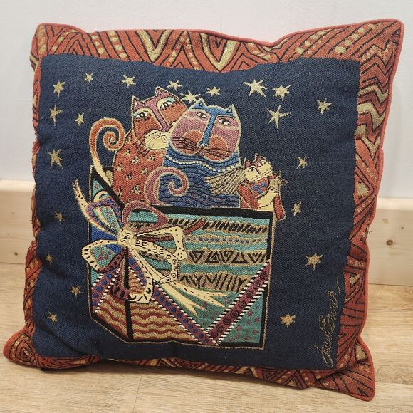 Laurel Burch Cat Tapestry Throw Pillow Square Christmas Present Stars Metallic - Picture 3 of 9